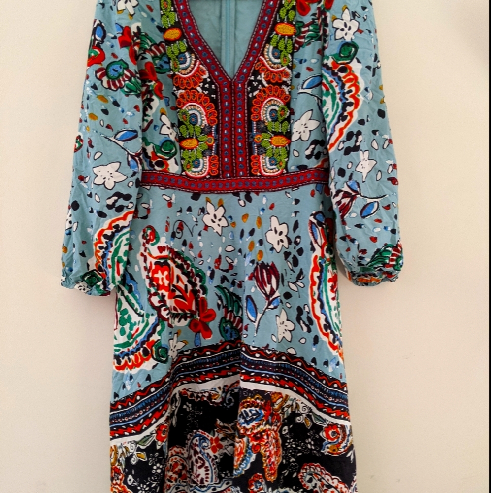 Anthropologie blue patterned embroidered dress